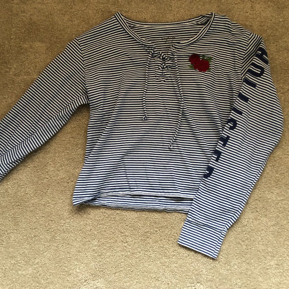 Hollister Blue and White Lace Up Long Sleeve